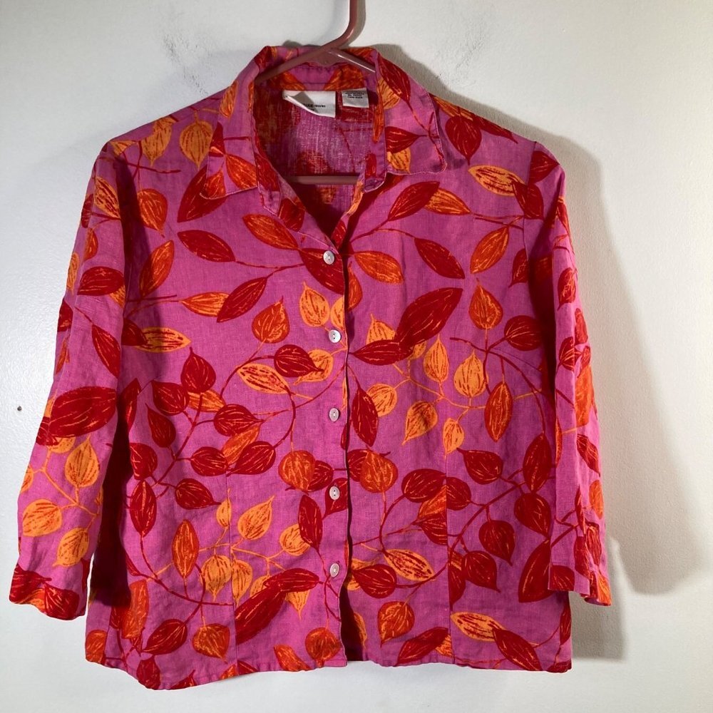 Womens Parisian Works Linen Button Top Floral Pink Red Orange PM